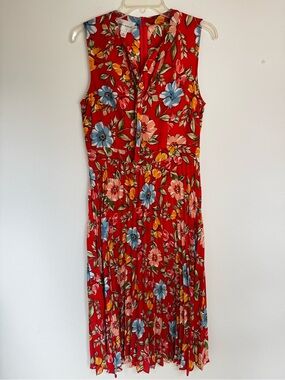 Donna Morgan Sleeveless Red Floral Midi Dress, Pleated Skirt and Tie Neck- 8